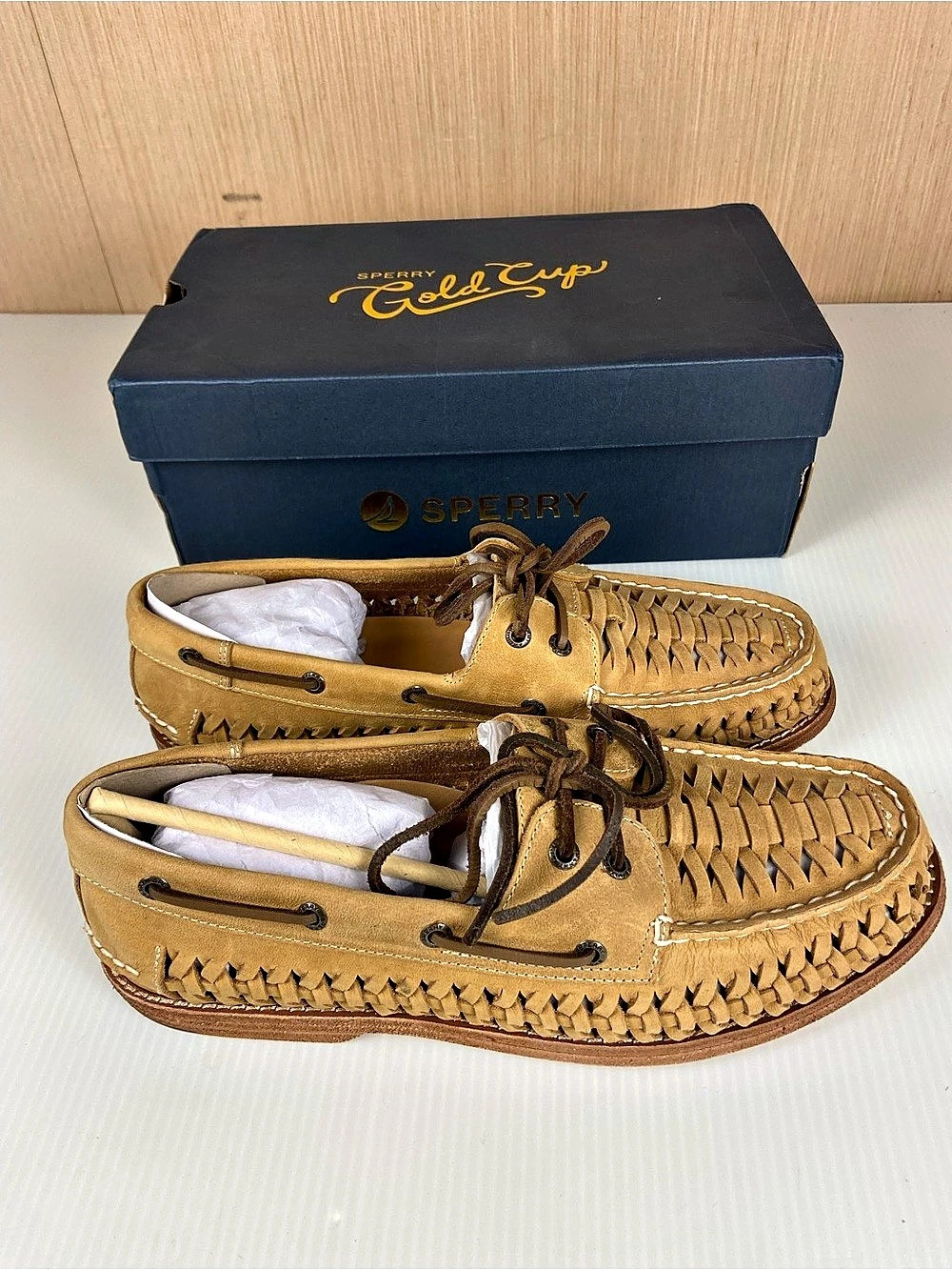 Sperry Gold Cup Woven Leather Boat Shoes Tan Men’s 10.5 NIB - Picture 3 of 16
